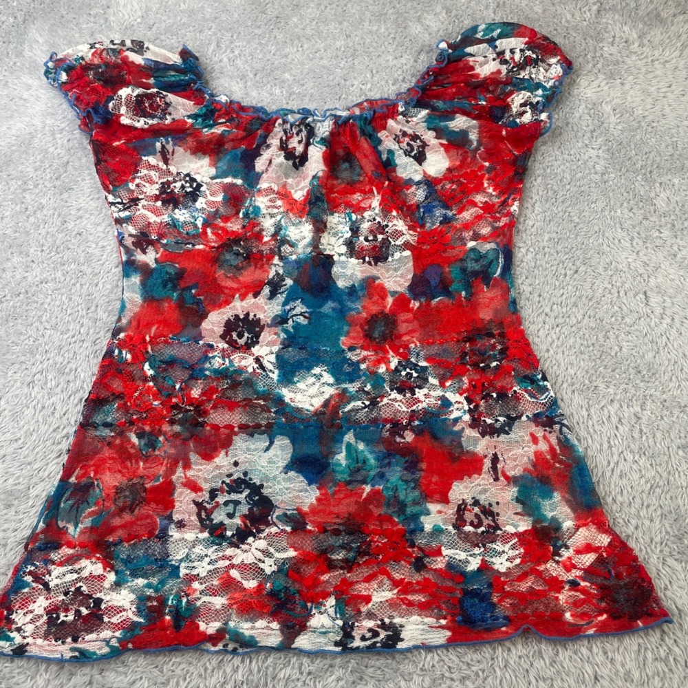 Per Se Floral Lace Top Women M Red Blue Cap Sleeve Scoop‎ Neck Coquette BOHO